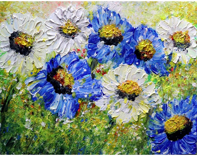 BLUE and WHITE Summer Flowers MEADOW Daisy Blue Wildflowers Original Modern Impressionist Oil Painting by Luiza Vizoli