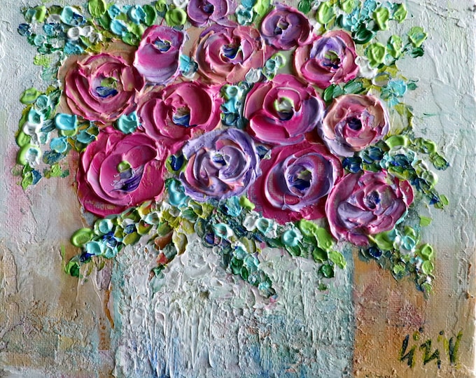 Impasto Ranunculus Oil Painting: Colorful Floral Bouquet on Canvas