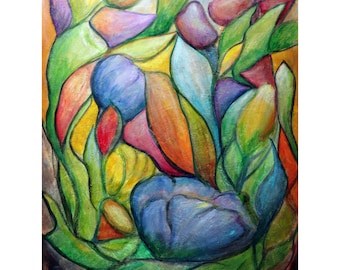 Eclectic Botanical Tropical Bohemian Painting  new collection of Stained Glass Effect  paintings  MURANO TULIPS, Textured Colorful Flowers