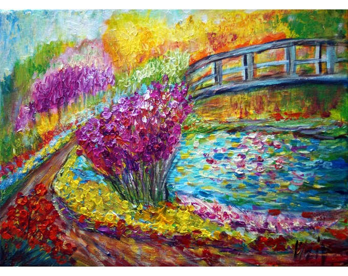 Water Lilies Bridge Spring Flowers Painting  Original Oil Impasto Palette Knife Oil Fine Art Wall Decor