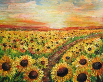 Small Painting Sunflowers Artwork, Modern Oil Painting on Canvas, Italy Sunset Landscape, Textured Impasto, Impressionism Art