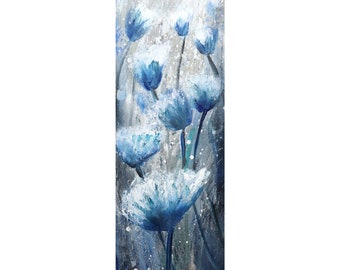 Blue Tulips Original Painting: Modern Floral Wall Art (12x36)