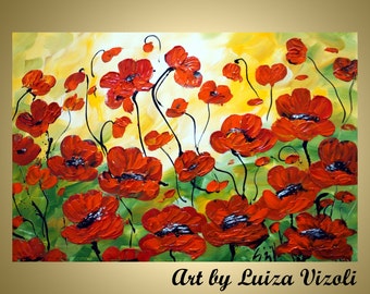 Original Modern Abstract Red Flowers Palette Knife Impasto Oil Large Painting