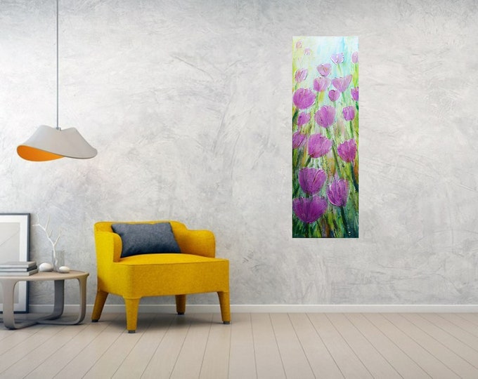 Tulips Original Oil Painting: Long Vertical Abstract Canvas Art