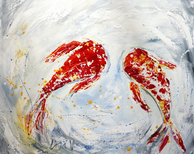 RED Pair of KOI FISH Abstract Painting Palette Knife Textured Artwork Modern Art on square Canvas Japanese Carp