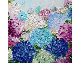Colorful Hydrangeas Garden Original Oil Painting Flowers Landscape Summer Floral Art by Luiza Vizoli