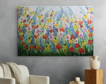 Original Flowers Meadow Painting 36x24, Where Wildflowers Dance, Textured Floral Canvas Art