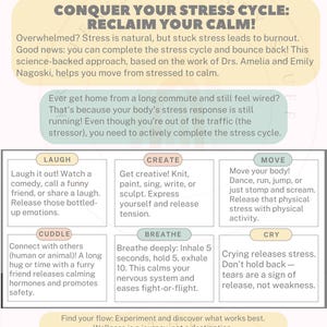 Puede incluir: Una infografía colorida con el título "Conquista tu ciclo de estrés: ¡Reclama tu calma!" La infografía ofrece consejos para controlar el estrés, incluyendo reír, crear, moverse, abrazar, respirar y llorar. La infografía también incluye una cita de las Dras. Amelia y Emily Nagoski, autoras del libro "Burnout."