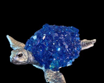 Sapphire inspired and silver resin crystal sea turtle, September birthstone turtle