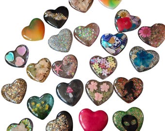 Set of 10 Resin Hearts: Dried Flowers, Glitter, and Glow