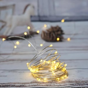 May include: A coil of warm white LED string lights on a silver wire. The lights are on, and the wire is coiled on a light-colored wooden surface. A blurred background includes a white rocking horse and a pinecone.