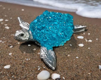 Zircon inspired and silver resin crystal sea turtle, December birthstone turtle