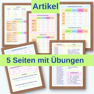 Op de afbeelding: Vijf kleurrijke werkbladen met Duitse grammatica-oefeningen over lidwoorden, bezittelijke voornaamwoorden, adjectieven, voorzetsels en vervoegingen. De werkbladen zijn getiteld "Artikel", "Possessivpronomen", "Adjektiven", "Präpositionen mit Dativ" en "Konjugation".