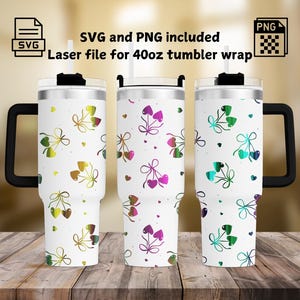 Kirschherzen Bogen Tumbler Laser gravieren SVG und PNG, Kirschherzen, Full Wrap Design 40oz Tumbler, Kokette Nahtloses Design SVG für Dreh