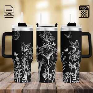 Flowers Butterflies Tumbler Laser Engrave SVG and PNG, Full Wrap Design for 40oz Tumbler, Laser file Svg, Seamless Design SVG For Rotary