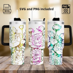 Peonies Laser Tumbler Engrave SVG/PNG, Seamless Peony Floral Full Wrap Design 40oz Tumbler, Flowers Design SVG For Rotary, Digital Download