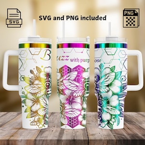 Buzz With Purpose Laser Tumbler Wrap Engrave SVG/PNG, Affirmation Wrap Design 40oz Tumbler, Bee Honeycomb Laser Tumbler, SVG For Rotary