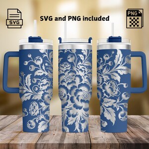 Chinoiserie Floral Tumbler Laser Engrave SVG and PNG, Flowers Full Wrap Design for 40oz Tumbler, Seamless Design SVG For Rotary
