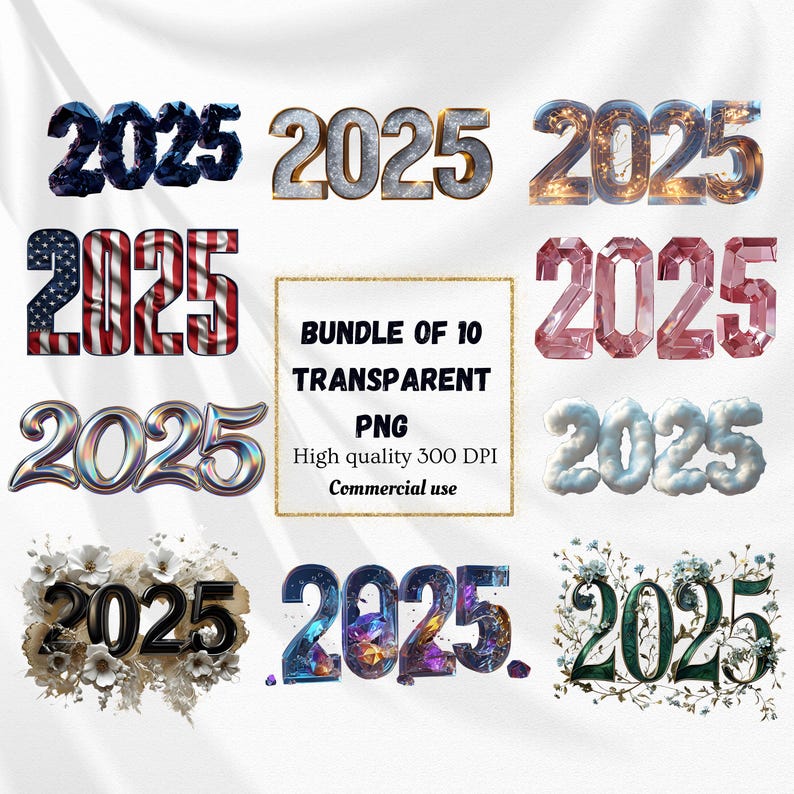 10 Transparent PNG 2025 Bundle Sublimation Design, 2025 Clipart PNG