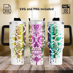 Vaso con calavera de azúcar floral grabado con láser SVG y PNG, diseño de envoltura de rosa de esqueleto para vaso de 40 oz, descarga digital, diseño SVG para Rotary