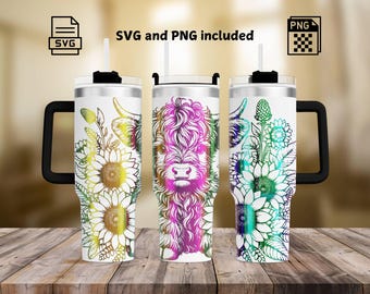 Cute Highland Cow Tumbler Wrap Laser Engrave SVG and PNG, Sunflower Wrap Design for 40oz Tumbler, Laser Tumbler Svg Wrap, SVG For Rotary