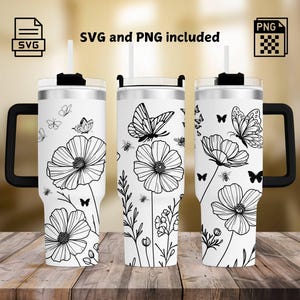 Flowers and Butterflies Tumbler Laser Engrave SVG and PNG, Floral Full Wrap Design 40oz Tumbler, Design SVG For Rotary, Laser Engraving Svg