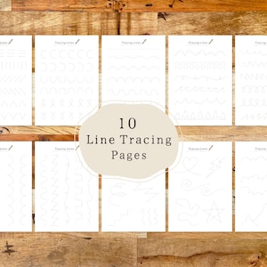 May include: Ten printable line tracing pages for kids. Each page features a different set of lines to trace, including straight lines, zigzags, wavy lines, and more.