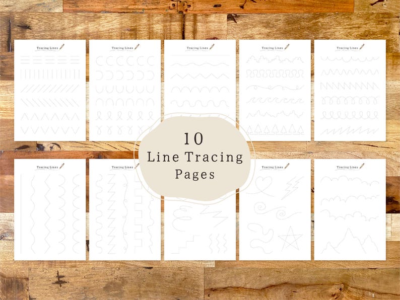 May include: Ten printable line tracing pages for kids. Each page features a different set of lines to trace, including straight lines, zigzags, wavy lines, and more.