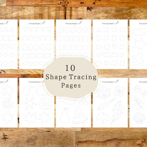May include: Ten printable shape tracing pages for kids. Each page features a different set of shapes to trace, including circles, squares, triangles, stars, and more.