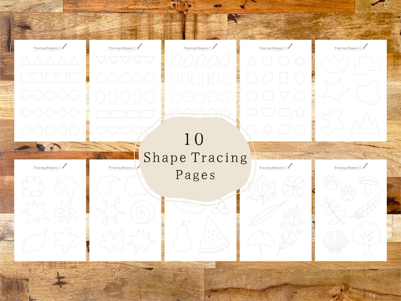 May include: Ten printable shape tracing pages for kids. Each page features a different set of shapes to trace, including circles, squares, triangles, stars, and more.