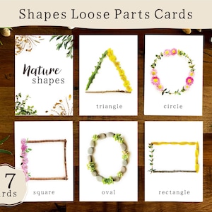 May include: A set of 17 "Shapes Loose Parts Cards" featuring nature-themed shapes. The cards display a triangle, circle, square, oval, and rectangle, each crafted from natural elements like flowers and twigs. The cards are arranged on a wooden surface.