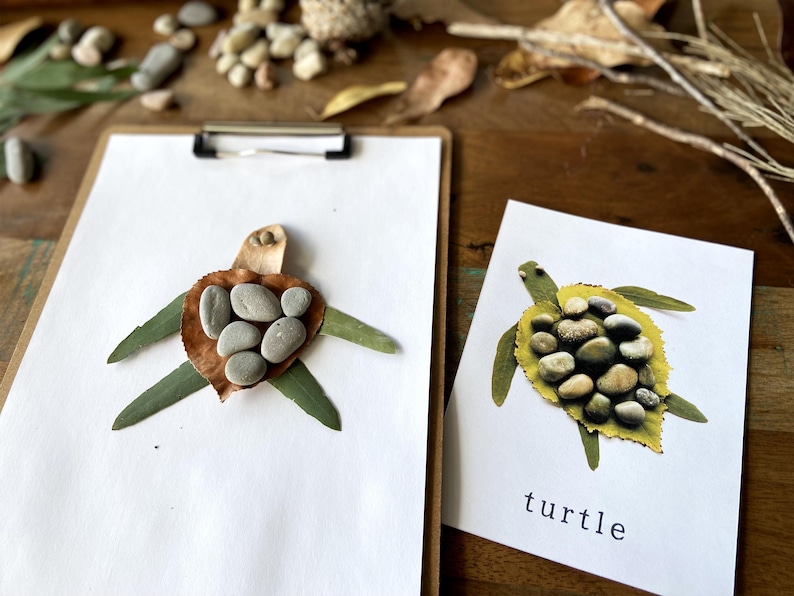 May include: Two turtle crafts made with leaves, twigs, and stones. The first turtle is on a white sheet of paper with a brown leaf for the shell and green leaves for the legs. The second turtle is on a white card with the word "turtle" printed below it. The turtle is made with a yellow leaf for the shell and green leaves for the legs.