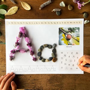 May include: A learning activity sheet with the letters "A" and "a" decorated with flowers and stones. An acorn image and letter matching exercise are also present. The sheet is on a wooden surface.