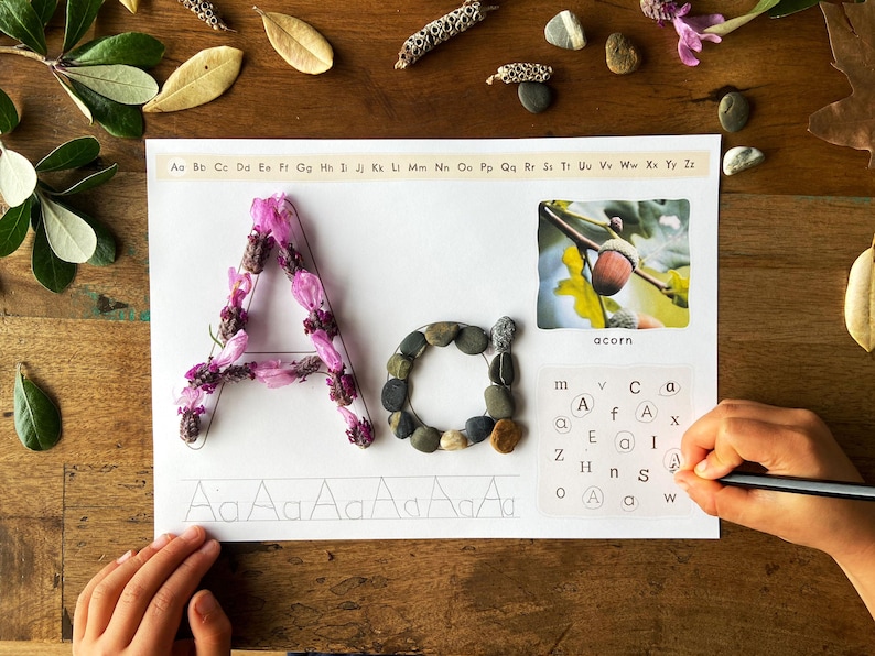 May include: A learning activity sheet with the letters "A" and "a" decorated with flowers and stones. An acorn image and letter matching exercise are also present. The sheet is on a wooden surface.