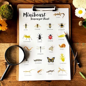 Minibeast Schnitzeljagd, druckbare Naturkinderaktivität, Schatzsuche im Freien, Insektenwissenschaftliche Studie Hinterhof-Gartenspielaktivität für Kinder