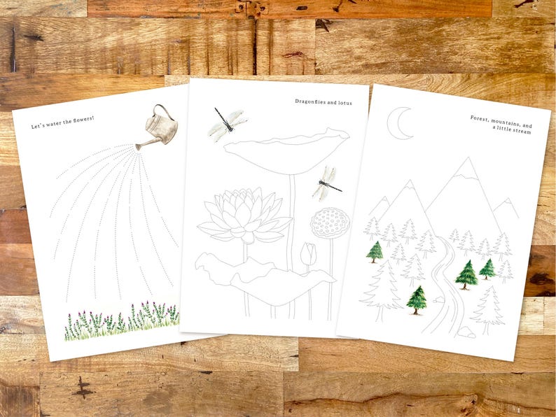 May include: Three black and white coloring pages with different nature scenes. The first page shows a watering can watering a row of plants. The second page shows a lotus flower with two dragonflies. The third page shows a mountain range with a forest and a stream.