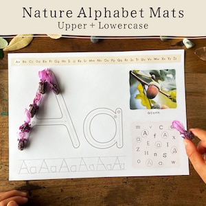 May include: A white paper with the text "Nature Alphabet Mats Upper + Lowercase" features the letter "A" outlined with lavender and an acorn image. The image includes upper and lowercase letters and a matching game.