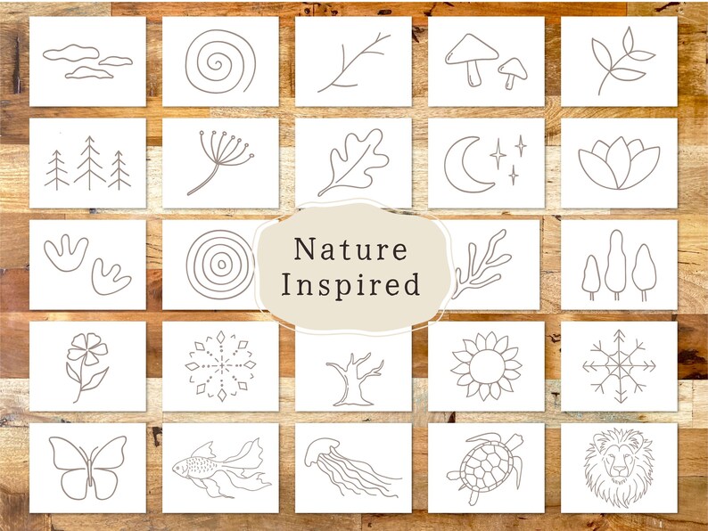 May include: A set of 24 black and white line drawings inspired by nature. The drawings include a variety of natural elements, such as clouds, trees, flowers, butterflies, and animals. The text "Nature Inspired" is in the center of the image.