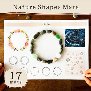 May include: A white paper with the text "Nature Shapes Mats" and "circle". The paper features a floral wreath, a circle made of stones, and a photo of water ripples. The text "17 mats" is also present.