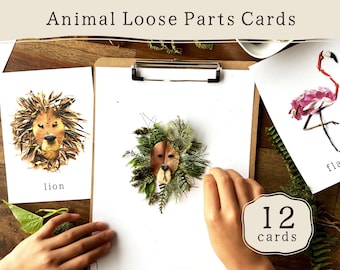 Tarjetas de provocación para jugar con piezas sueltas de animales / Tarjetas didácticas con materiales naturales / Actividad preescolar / Aula de la escuela forestal Reggio Montessori