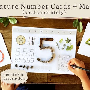 May include: Educational nature-themed number cards and mats. The numbers are creatively formed using natural elements like twigs, leaves, and stones. The image includes the text "Nature Number Cards + Mats (sold separately)" and "see link in description".