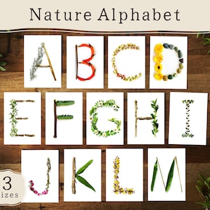 May include: A set of alphabet letters made from natural materials, including flowers, leaves, and twigs, presented on individual white cards. The words "Nature Alphabet" are at the top, with "3 sizes" at the bottom. The letters are displayed on a wooden surface.
