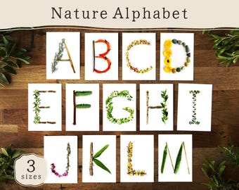 Cartões do alfabeto da natureza | Jogo de peças soltas de A a Z | Letras da natureza Montessori de Reggio Emilia | Decoração de sala de aula da natureza para impressão da EYFS para pré-escola