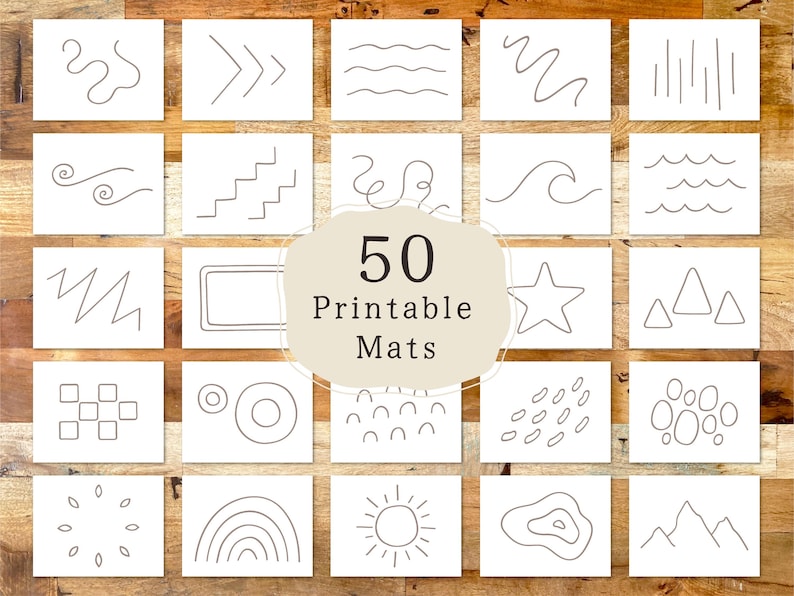 May include: A set of 50 printable drawing mats featuring simple geometric shapes, lines, and patterns. The mats are designed for children to practice drawing and tracing.