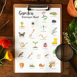 Garten-Schnitzeljagd, druckbare Naturaktivität für Kinder, Schatzsuche im Freien, Gartenaktivität, wissenschaftliche Studie, Gartenarbeit für Kinder