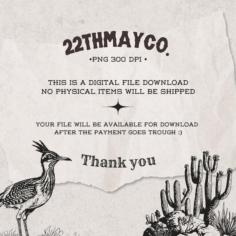 Peut inclure: Graphique de t&eacute;l&eacute;chargement de fichier num&eacute;rique avec le texte "22THMAYCO" et "PNG 300 DPI." L'image comprend un dessin d'un g&eacute;ocoucou et de cactus. Le texte "Merci" est &eacute;galement inclus.
