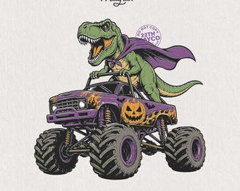 T-Rex conduciendo un Monster Truck PNG, Dinosaurio vampiro de Halloween, Saurus espeluznante para niños (sublimación), Diseño de camiseta de camión calabaza (descarga digital)