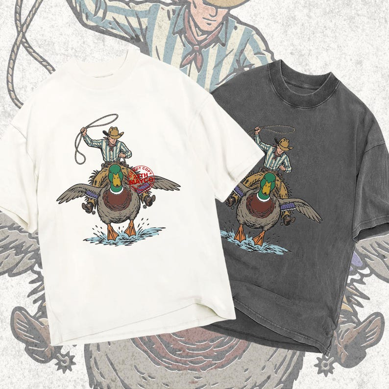 vintage woodcut mallard duck png, retro 1970s duck hunting illustration, 1940s book style duck rider art, rustic screen print western duck graphic, antique style mallard duck shirt design, nostalgic outdoor waterfowl art, distressed western duck clipart, traditional american duck hunting print, vintage lake lodge animal art, classic duck hunter apparel asset, retro wildlife png for sublimation, etched duck riding graphic, western lifestyle duck print, old school duck hunt art file