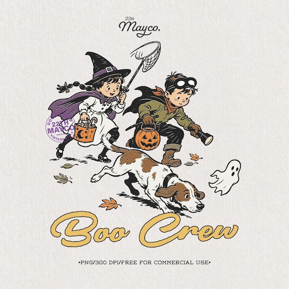 Boo Crew PNG, Vintage Halloween Kids And Dog Sublimation Design, Trick Or Treat Shirt, Spooky Cute Digital Download
