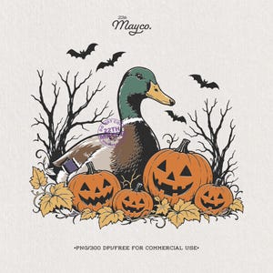 May include: A digital illustration featuring a mallard duck with a green head and brown body, surrounded by three orange jack-o'-lanterns, bare black trees, and flying bats. The text 22th Mayco. appears at the top and bottom of the image.
